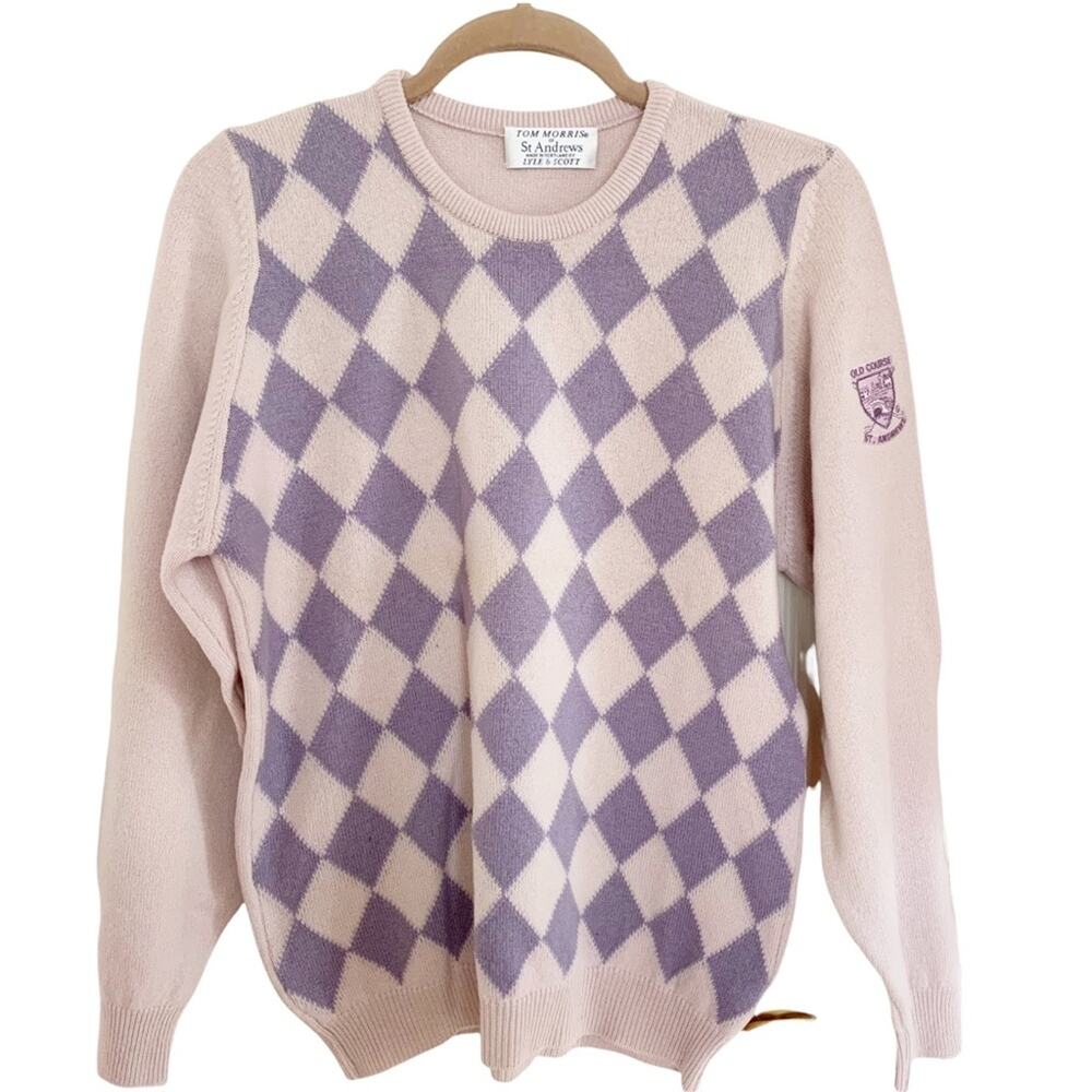 Lyle & Scott Vintage 90s Pink Lavender Argyle Wool Sweater Small